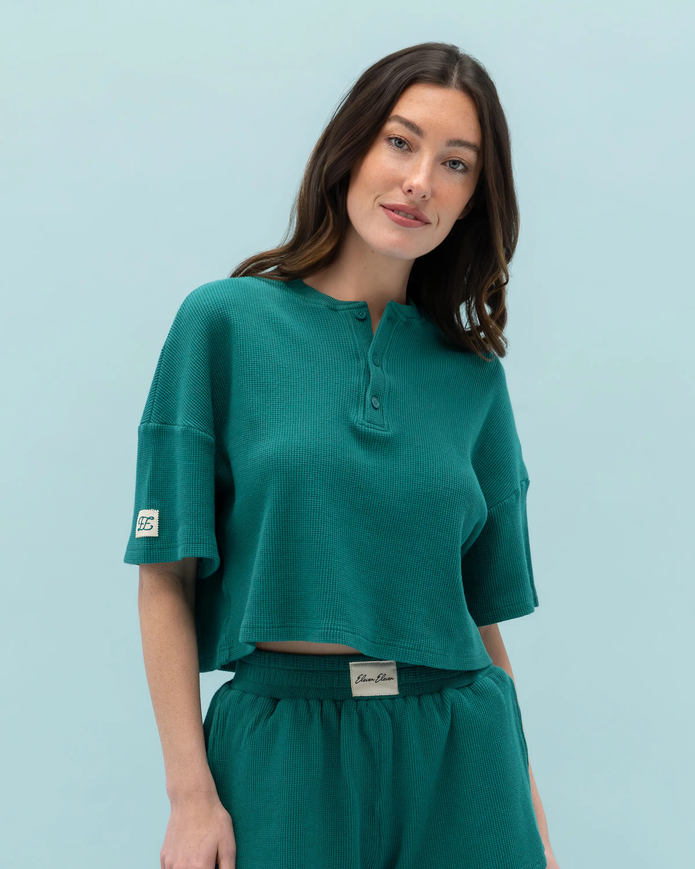 Short Sleeve Waffle Henley in Jade | Eleven Eleven