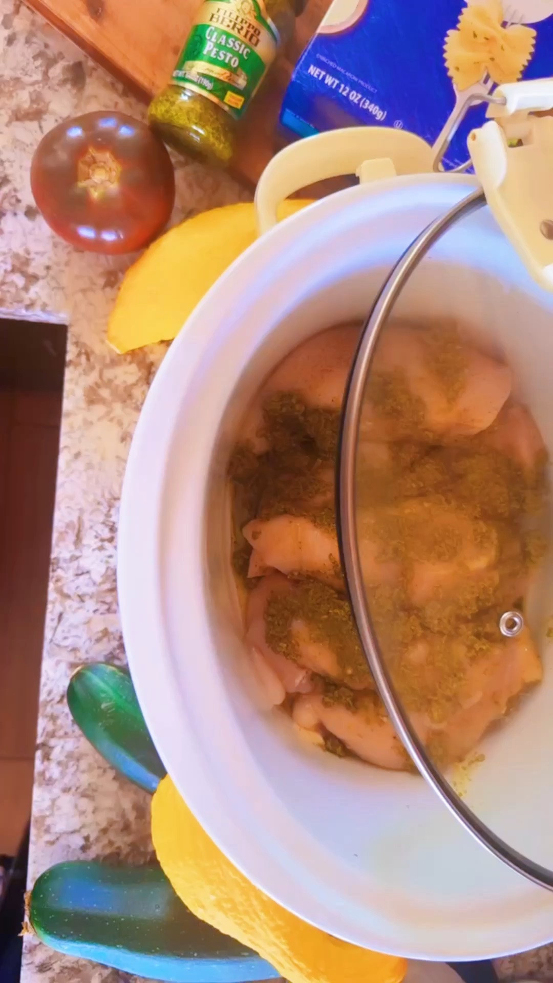 And pesto 🌿 chicken in the crockpot for a yummy meal tonight 🍝 … my kind of easy meal 🍽️ these days as a busy sahm/homeschool mama of two littles!! 🤱