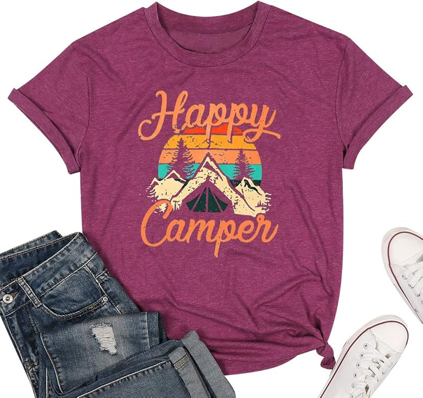 Happy Camper Shirt for Women Funny Cute Graphic Tee Short Sleeve Letter Print Casual Tee Shirts | Amazon (US)