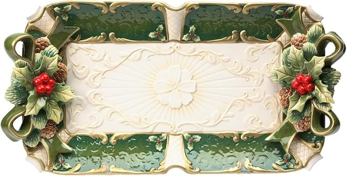 Fine Ceramic Hand Painted Christmas Holidays Green Holly Red Berry Rectangular Serving Platter Tr... | Amazon (US)