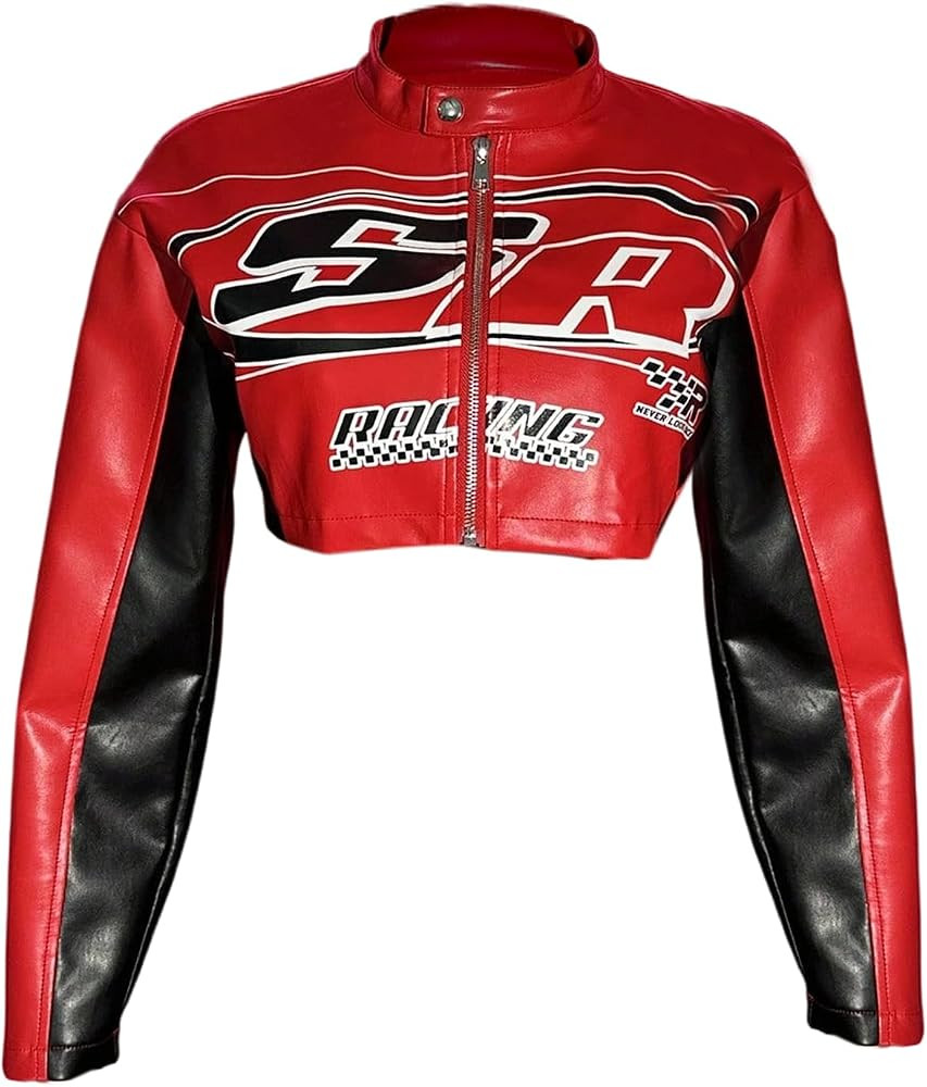 GORGLITTER Women's Leather F1 Racer Jacket Cropped Varsity Jacket Zip Up Color Block Letter Graph... | Amazon (US)