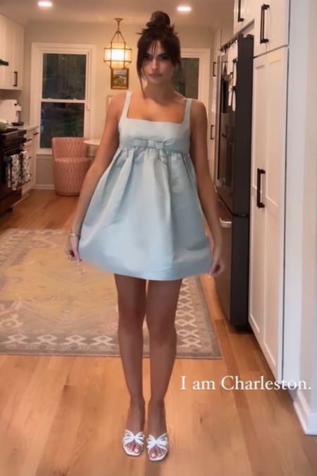 Shop Southern charm star Paige Doros white bow mesh mule sandals and Empire waste square neck blue detailed mini dress and similar options #SouthernCharm #Paigededorbo 

#LTKstyletip
