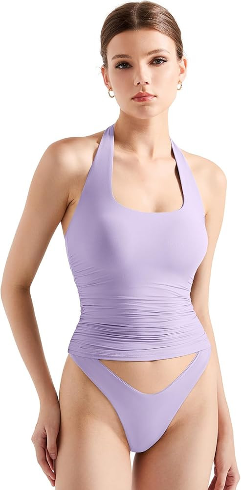 SUUKSESS Women Halter Tank Tops Double Lined Backless Y2K Trendy Going Out Tops | Amazon (US)