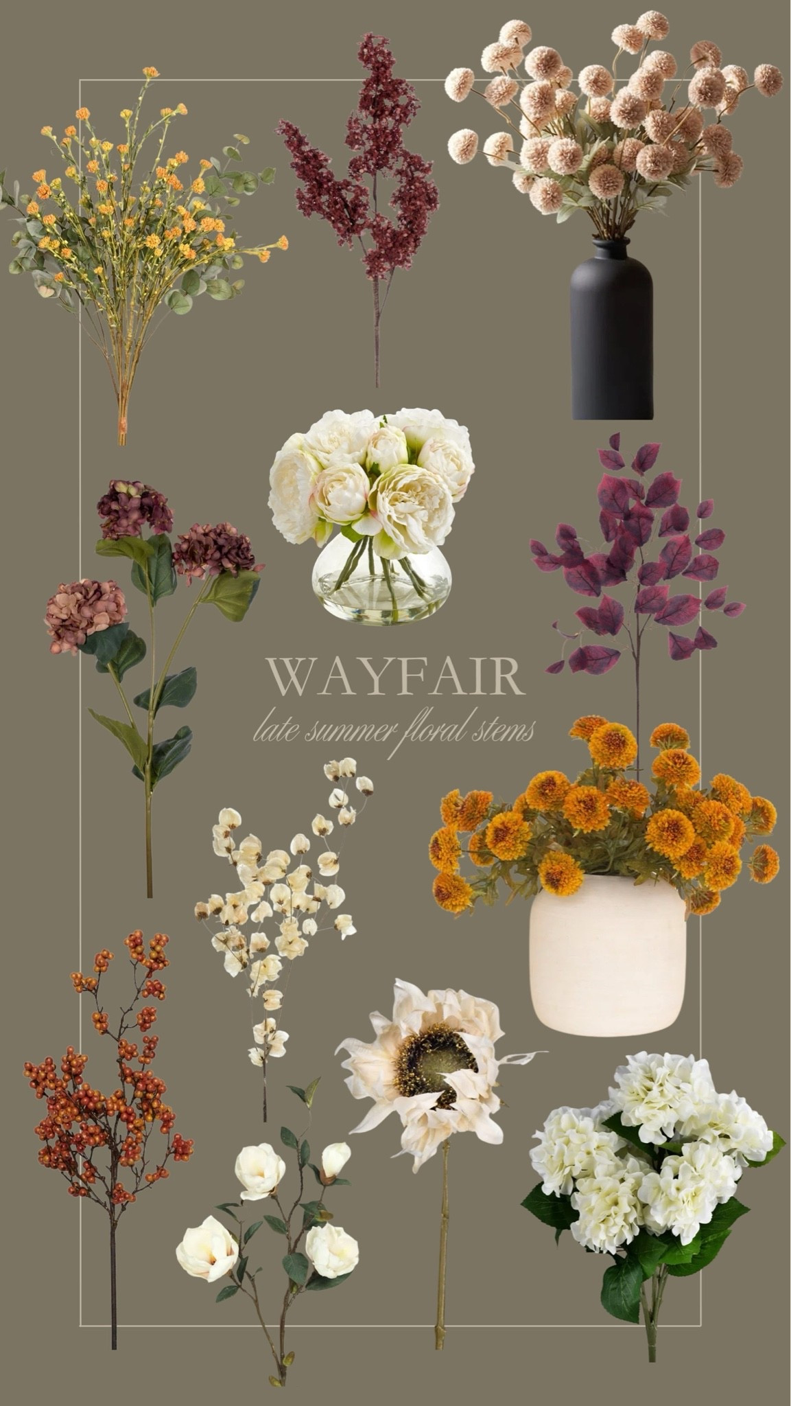 Late summer floral stems from Wayfair 🌼 The prettiest time of the year when mid July and August arrives… and these flowers are sure to bring the outdoors, in. 🍂🤍