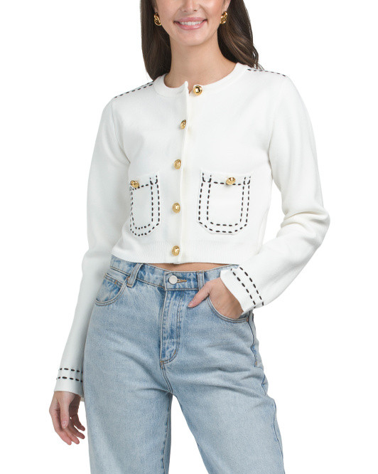 Stitched Detail Puff Sleeve Cardigan | TJ Maxx