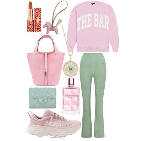 Spring pink and green athleisure lounge outfit - lululemon groove flare leggings in Palm Court (love this shade of green!), the bar pink sweatshirt, pink hoka sneakers, new givenchy perfume is SO amazing and Marlo laz necklace 




#LTKSeasonal #LTKFindsUnder100 #LTKStyleTip