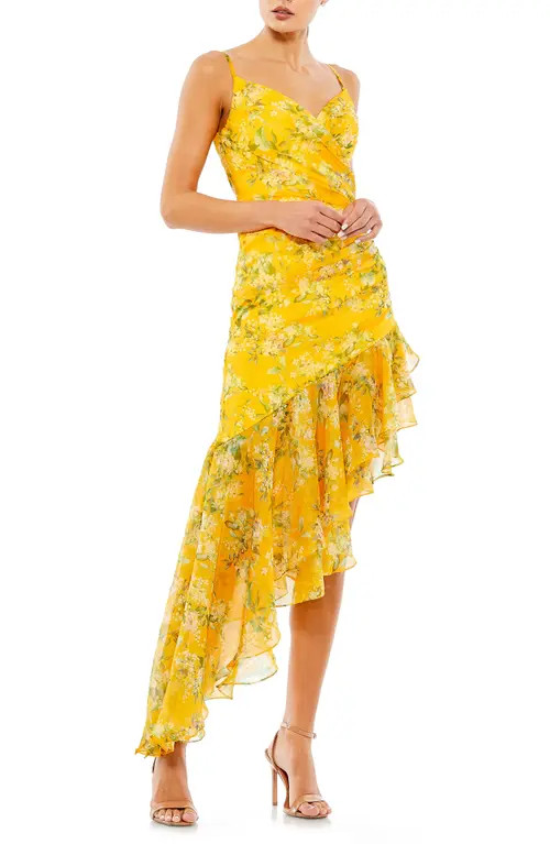 Ieena for Mac Duggal Floral Asymmetric Hem Dress in Yellow Multi at Nordstrom, Size 2 | Nordstrom