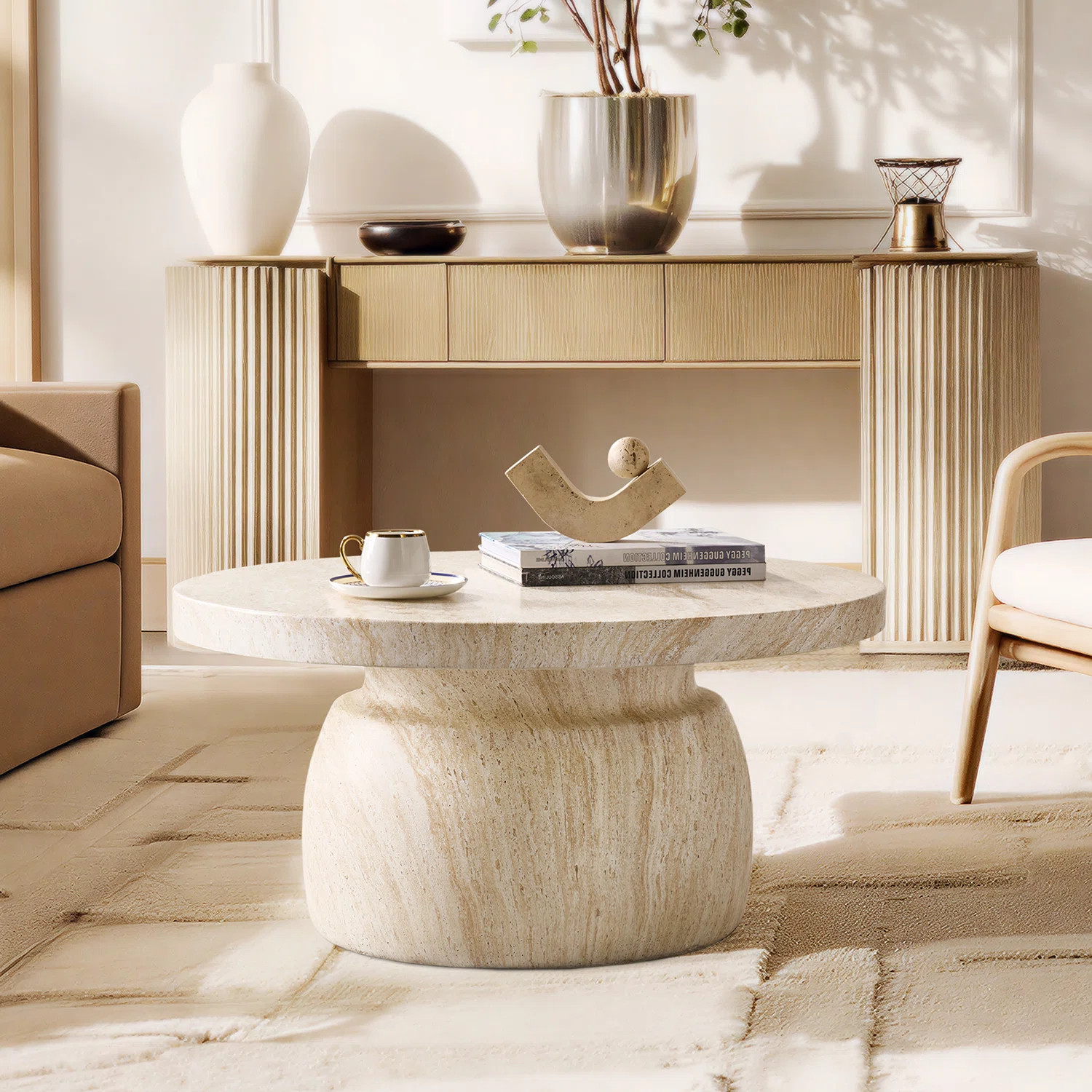 Watterson Andolise Modern 31.5"W Faux Travertine Simple Assembly Round Coffee Table | Wayfair North America