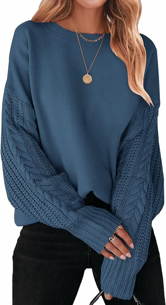 ZESICA Women's 2023 Fall Long Sleeve Crew Neck Solid Color Cable Knit Chunky Casual Oversized Pul... | Amazon (US)