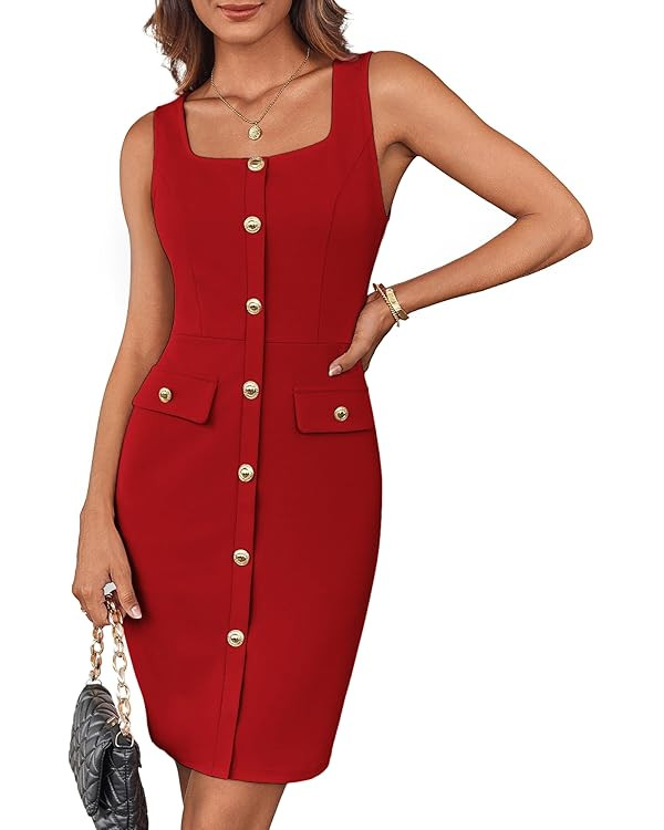 GRACE KARIN 2025 Women's Buttons Belted Square Neck Business Work Dress Sleeveless Bodycon Midi D... | Amazon (US)