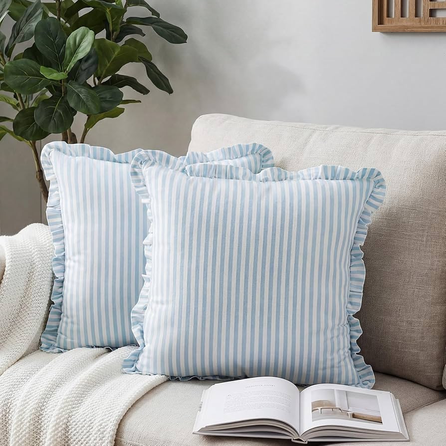 Yousoontic 2 Pcs Striped Coastal Pillows Cover with Ruffle 20 x 20 Inches Blue and White Square S... | Amazon (US)