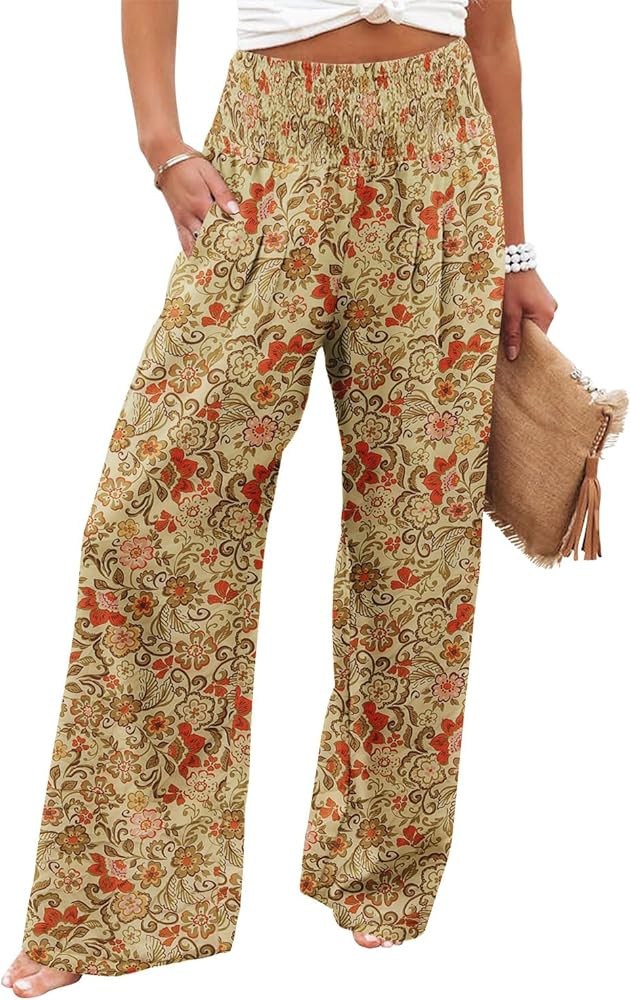 Angerella Womens Elastic High Waisted Palazzo Pants Casual Wide Leg Long Lounge Pant Trousers wit... | Amazon (US)