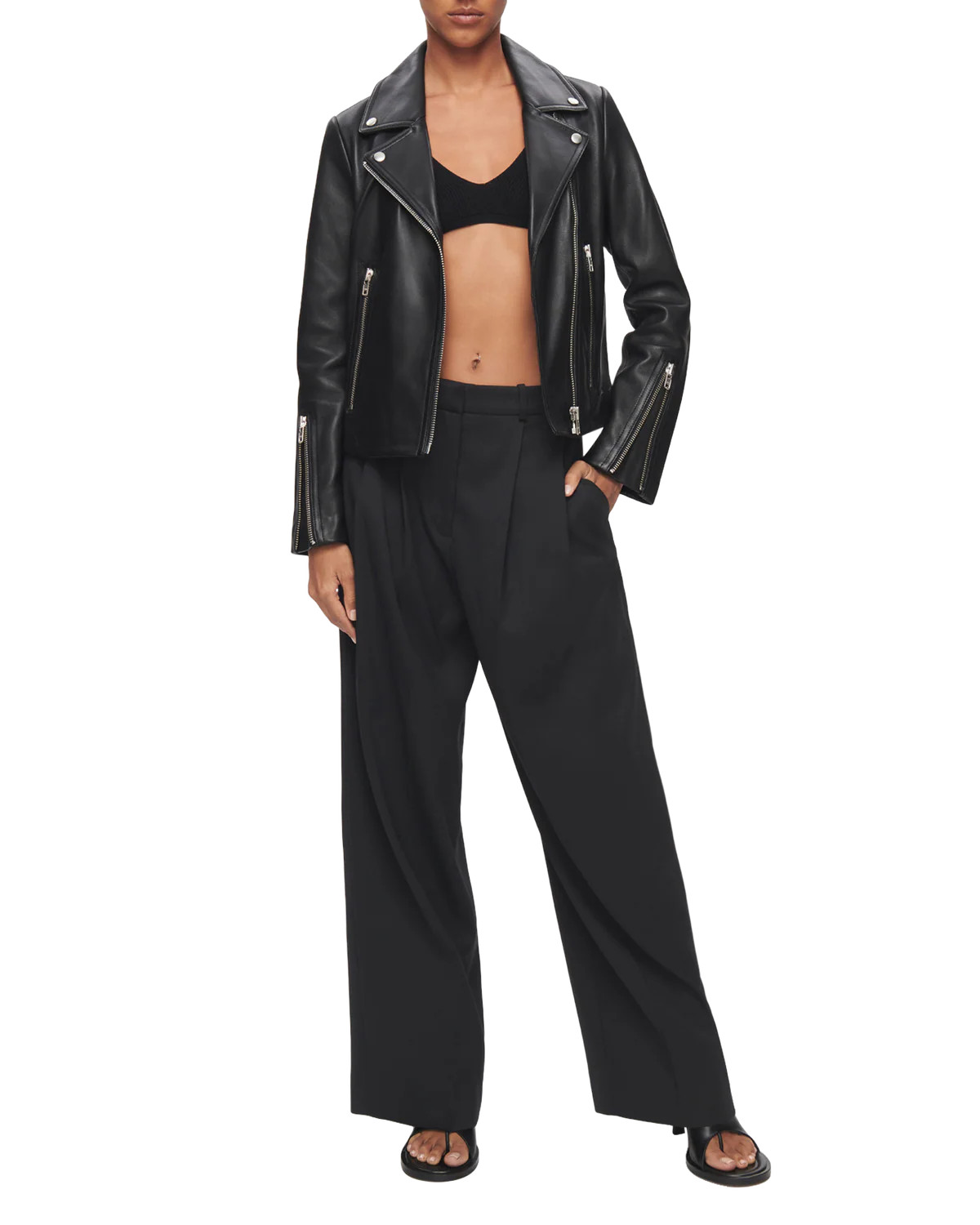 Leather Biker Jacket in Black with Silver Hardware | AVO