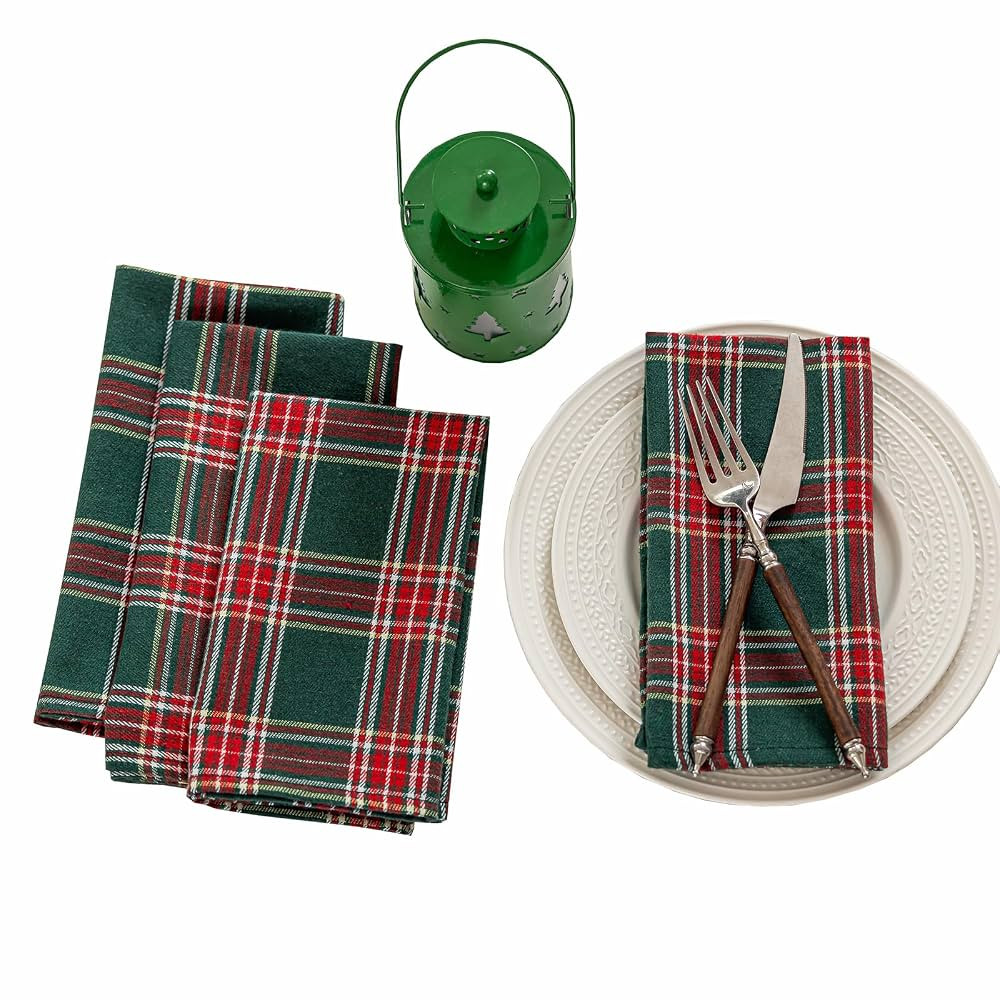 Joyfol Day 4-Pack Green Tartan Christmas Cloth Napkins - 17x17 Inch Plaid Cloth Dinner Napkins, W... | Amazon (US)