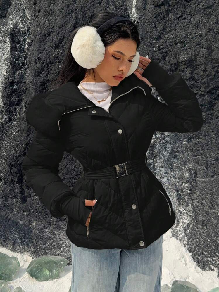 SHEIN EZwear Women's Fur Collar Hooded Cinched Waist Long Sleeve Pocket Winter Coat | SHEIN