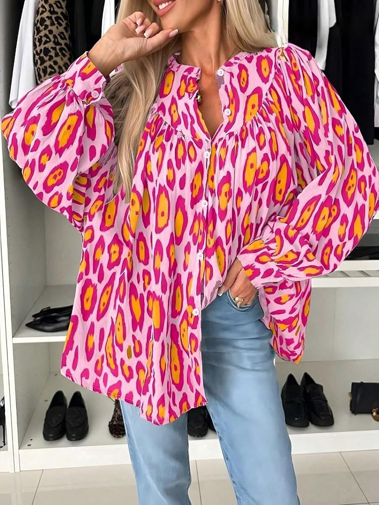 Amazon.com: Women's New Leopard Print Front Button Casual Long Sleeve Shirt Simple Lapel Design L... | Amazon (US)