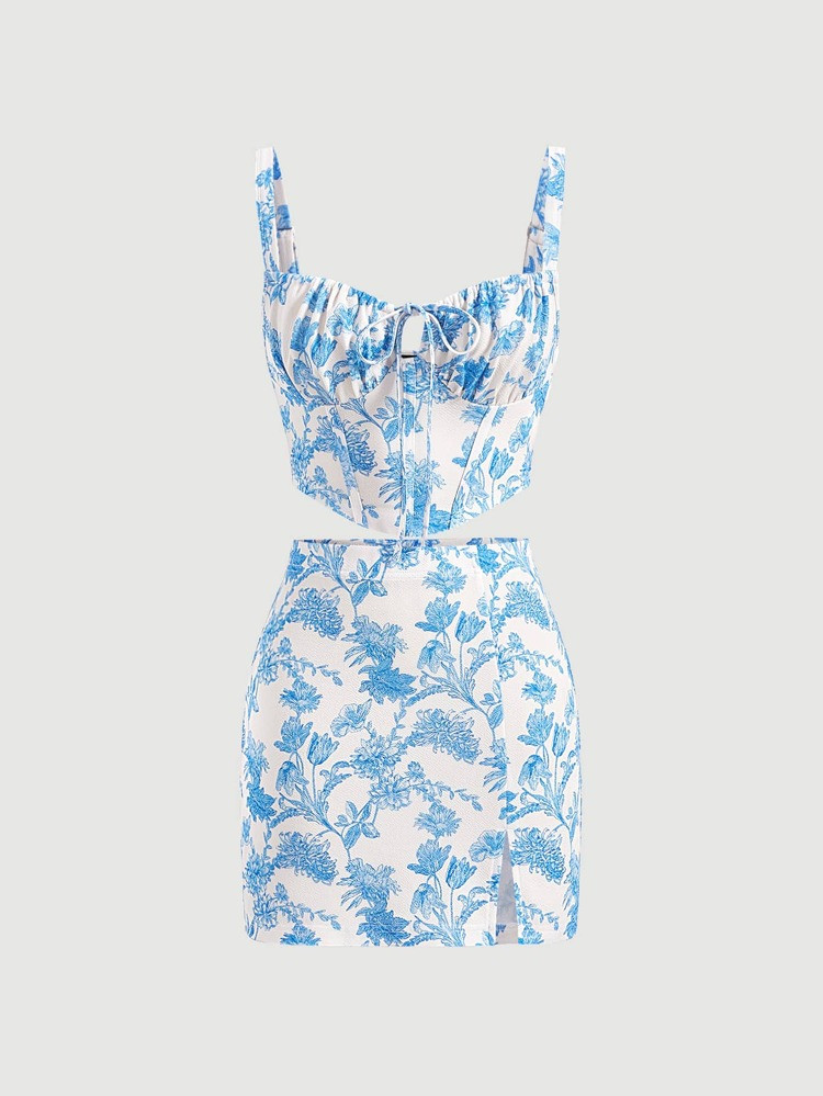 SHEIN MOD Floral Print Ruched Bust Cami Top & Split Hem Skirt | SHEIN
