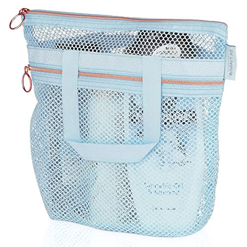 DV Lifestyle Mesh Shower Bag 10.2x9.9'' Quick-Dry Caddy with Zipper & 2 Pockets. Portable Toiletry Tote for Bathroom, Gym, Travel, Camp, Beach, for Sunscreen, Dorm & College Essentials (Blue) | Amazon (US)