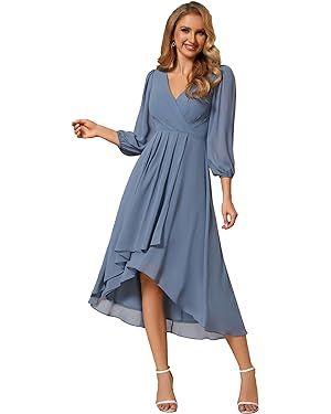 Ever-Pretty Women's Chiffon V Neck Long Sleeves Pleated A-Line Midi Length Wedding Guest Dress 01... | Amazon (US)