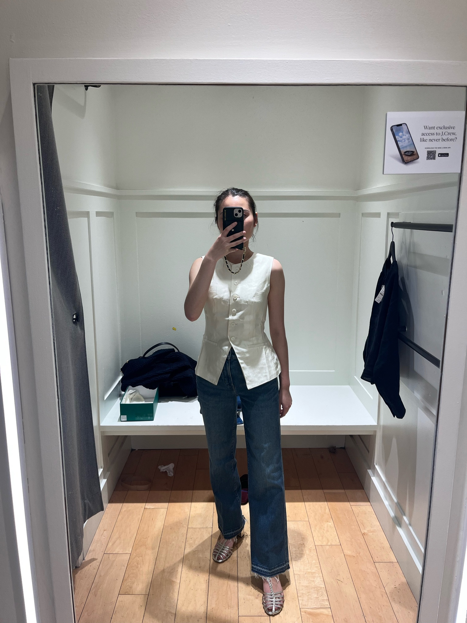 J. Crew Vest - size 0. The back is adjustable if you want a more fit and flare look. Comes in a few colors and I like the green version too! Jeans - slim wide leg cut. Runs big. I’m wearing 25, and could have sized down one more. 

#LTKStyleTip #LTKWorkwear #LTKFindsUnder100