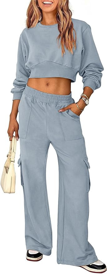 PRETTYGARDEN Womens Fall 2 Piece Outfits Sweatsuits Sets Long Sleeve Crop Tops Sweatshirt Wide Le... | Amazon (US)