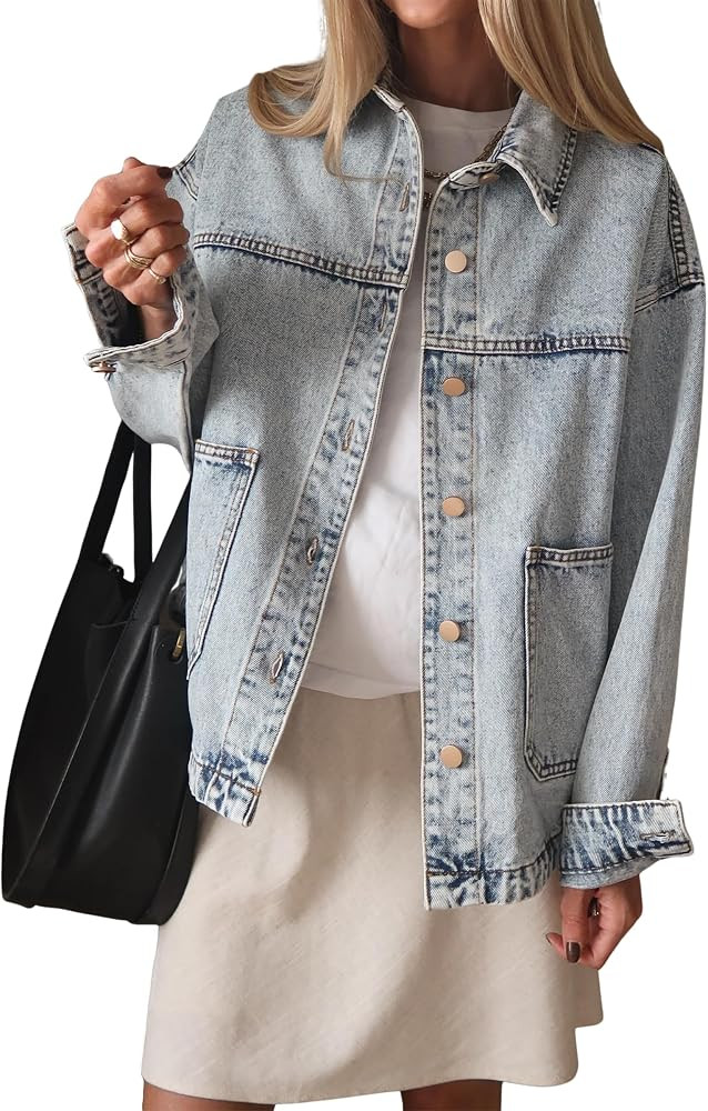 Womens Oversized Denim Jacket Casual Distresse Western Jean Jackets | Amazon (US)