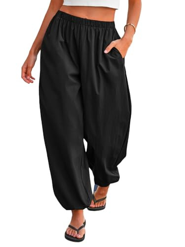 Tankaneo Womens Balloon Pants Elastic Waist Wide Leg Lantern Trousers Black | Amazon (US)