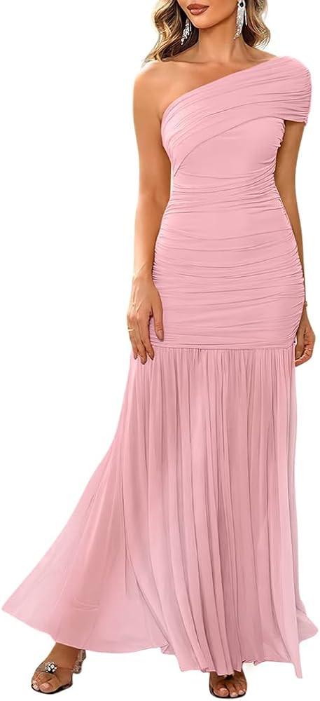 LAGSHIAN Women's Elegant Formal Long Dress One Shoulder Sleeveless Ruched Bodycon Evening Dress | Amazon (US)