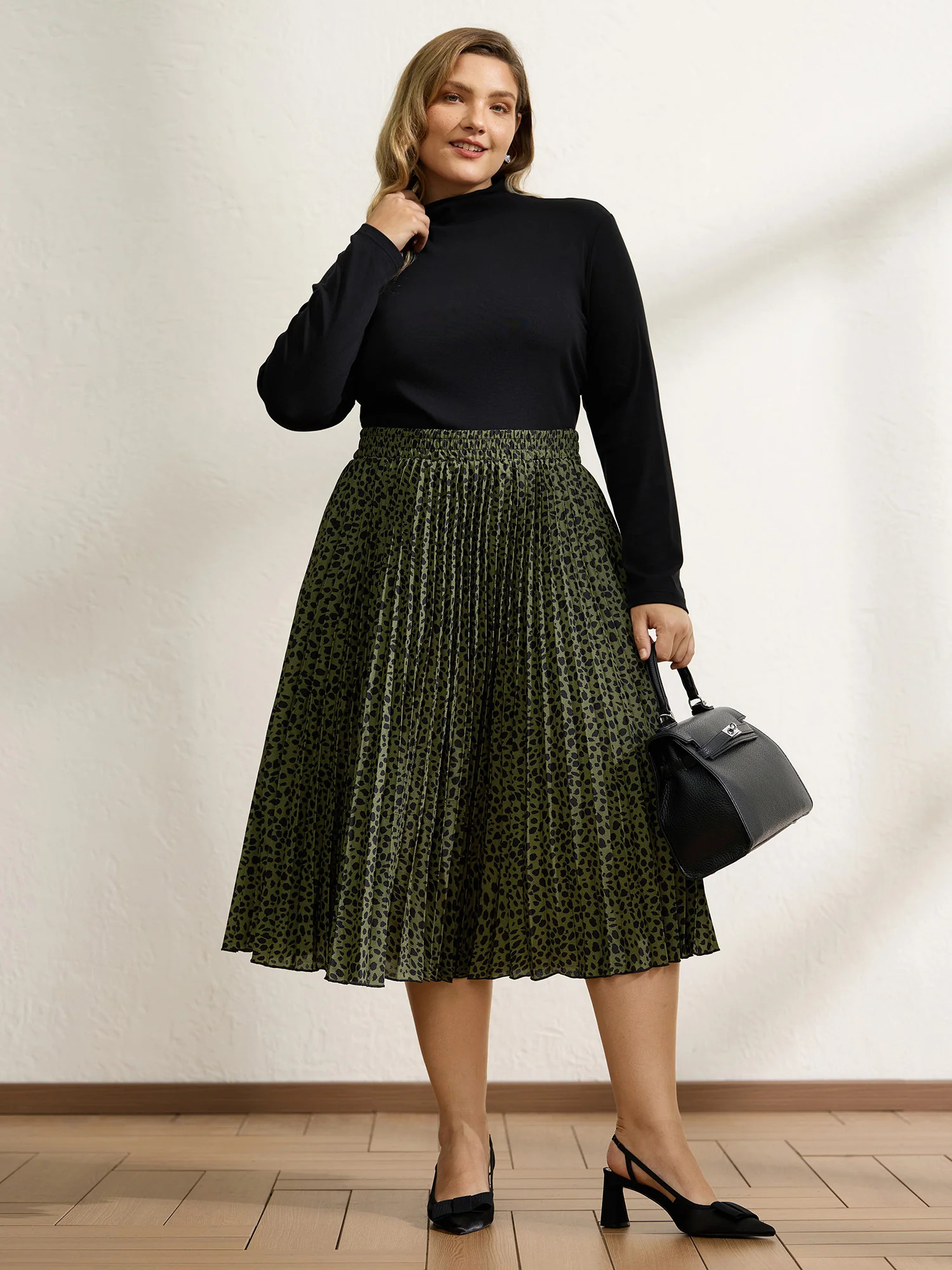 Monochrome Polka Dots Pleated Midi Skirt | Bloomchic