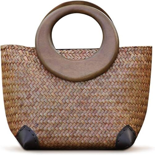 Hand-woven Womens Straw Boho Handbag Bag for Women, Summer Beach Rattan Tote Travel Bag with Wood... | Amazon (US)