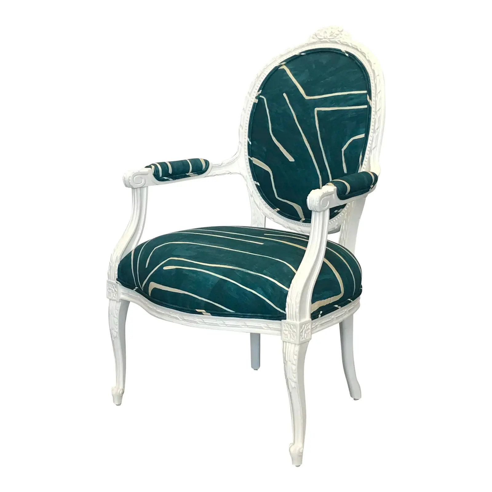 Italian Carved White Arm Chair in Teal Graffito | Chairish