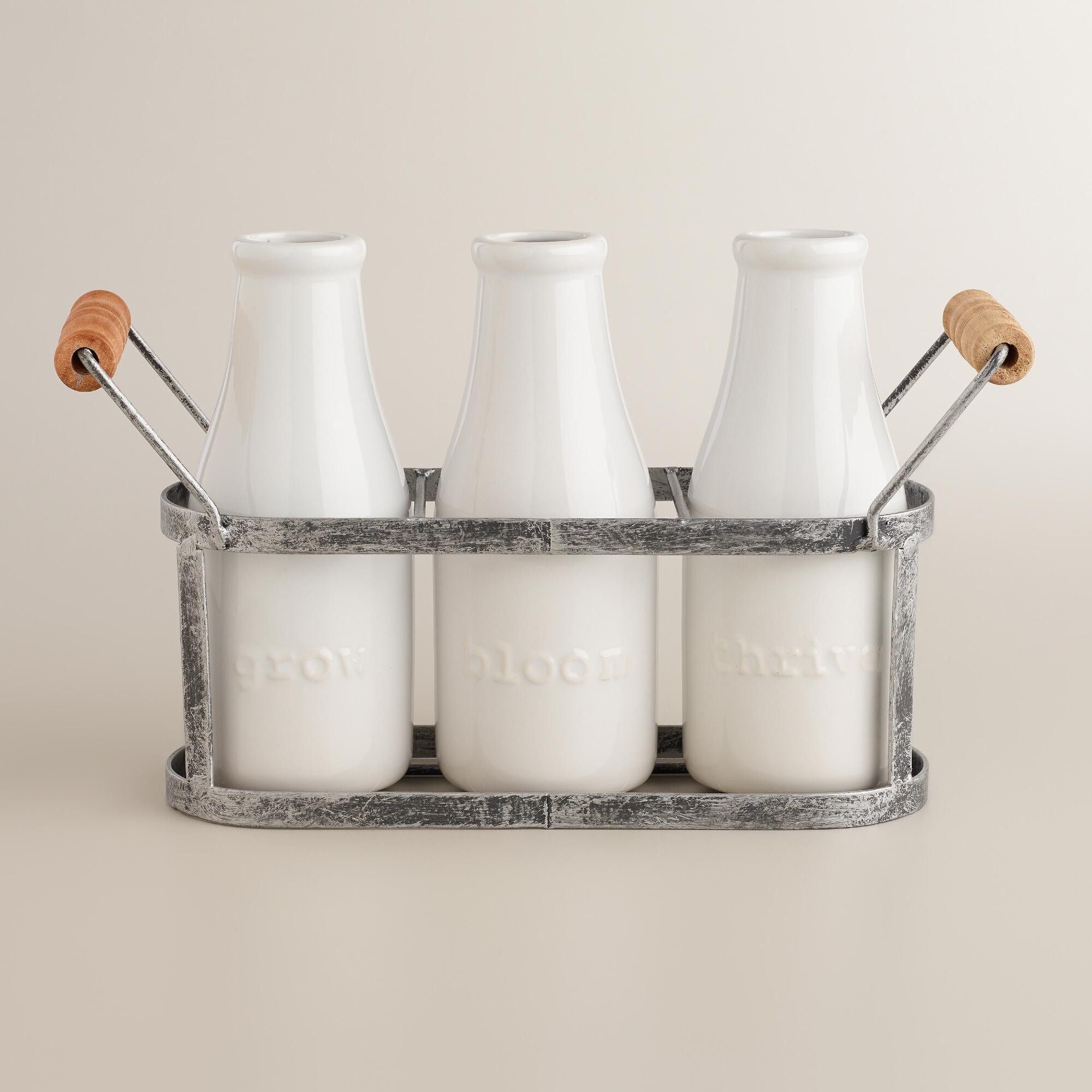 Bloom, Thrive and Grow Milk Bottle Vases with Holder | World Market
