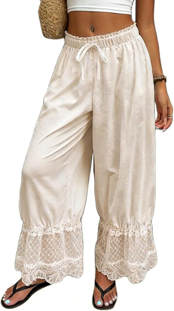 Women Bloomers Pants Y2K Flare Lace Trim Vintage Pantaloons Cute Ruffled Pumpkin Pants Capri Pajama Bottoms | Amazon (US)