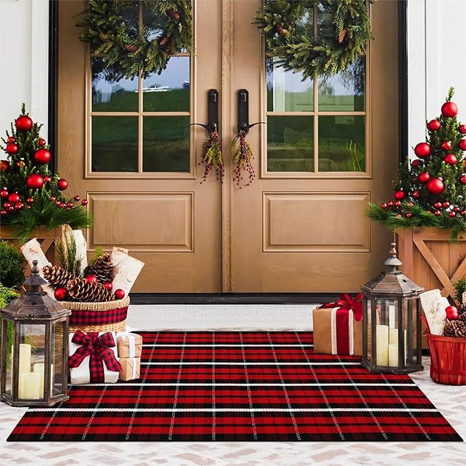 KIMODE Christmas Door Mat Outdoor 24"X51",Red/Black Buffalo Plaid Rug,Washable Cotton Hand-Woven ... | Amazon (US)