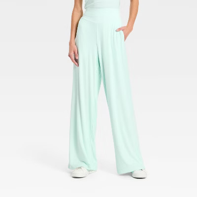 Women's Rib-Knit High-Rise Wide Leg Pants - All In Motion™ Mint Green L | Target