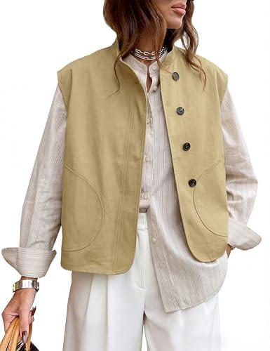 Watashi Women's Stand Collar Cotton Vest Asymmetry Sleeveless Waistcoat     Casual Button Up Over... | Amazon (US)