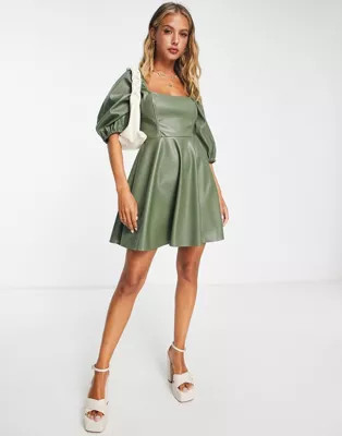 ASOS DESIGN leather look babydoll mini skater dress in olive | ASOS (Global)