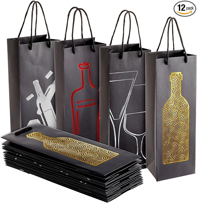 Juvale 12-Pack Wine Gift Bags with Rope Handles, 4 Assorted, Elegant Black Metallic Foil Designs ... | Amazon (US)