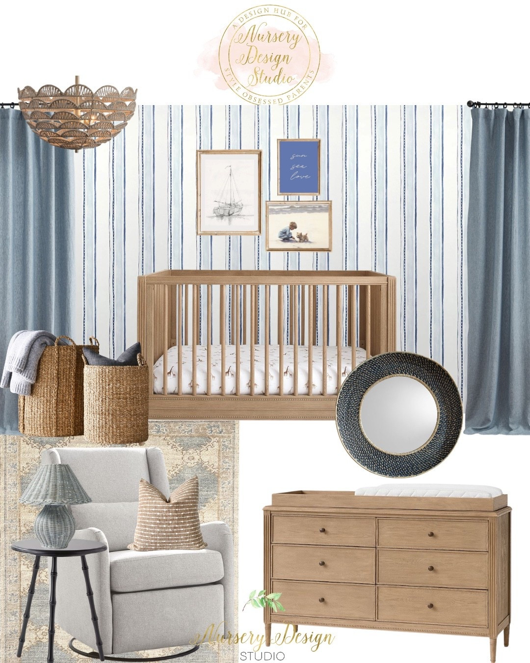 From the striped wallpaper and warm wood crib to the woven chandelier, designer dresser, and coastal-inspired decor, shop every designer-picked piece from this nursery.

#LTKHome #LTKSeasonal #LTKBump