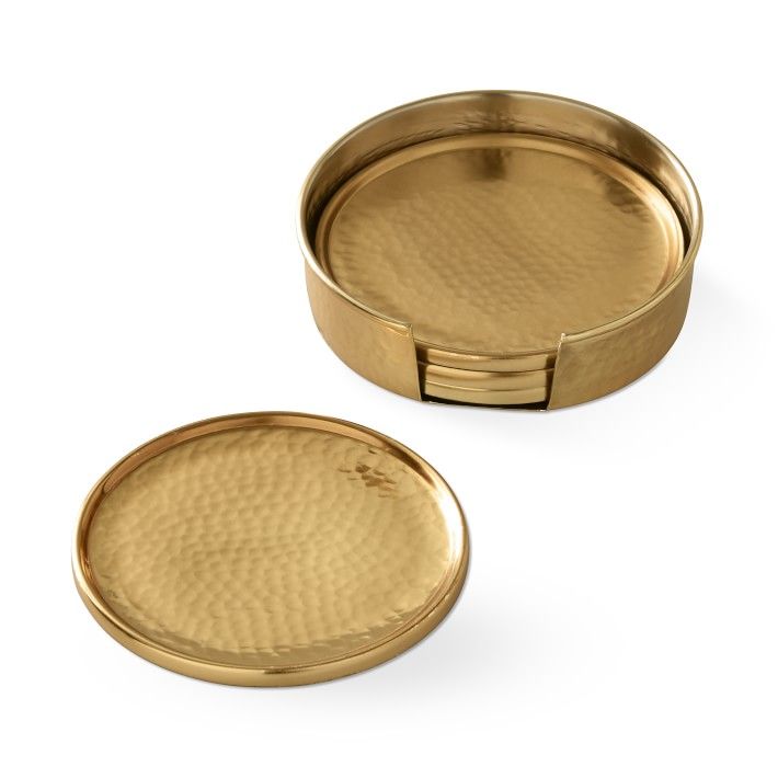 Antique Brass Hammered Coasters with Holder, Set of 4 | Williams-Sonoma