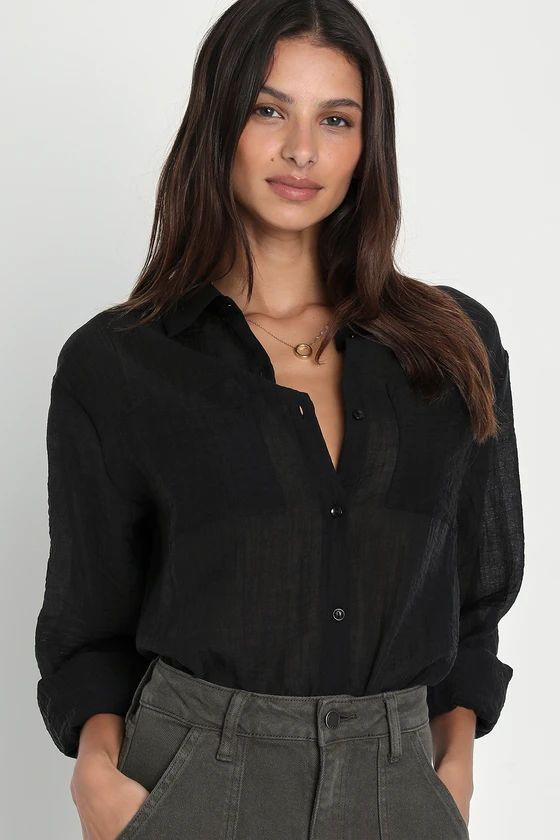 Chic Spirit Black Crinkled Long Sleeve Button-Up Top | Lulus