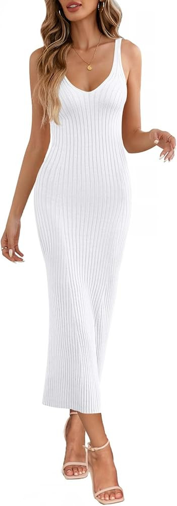 MEROKEETY Womens 2025 Spring Summer V Neck Knit Midi Dress Bodycon Sleeveless Ribbed Sweater Dres... | Amazon (US)