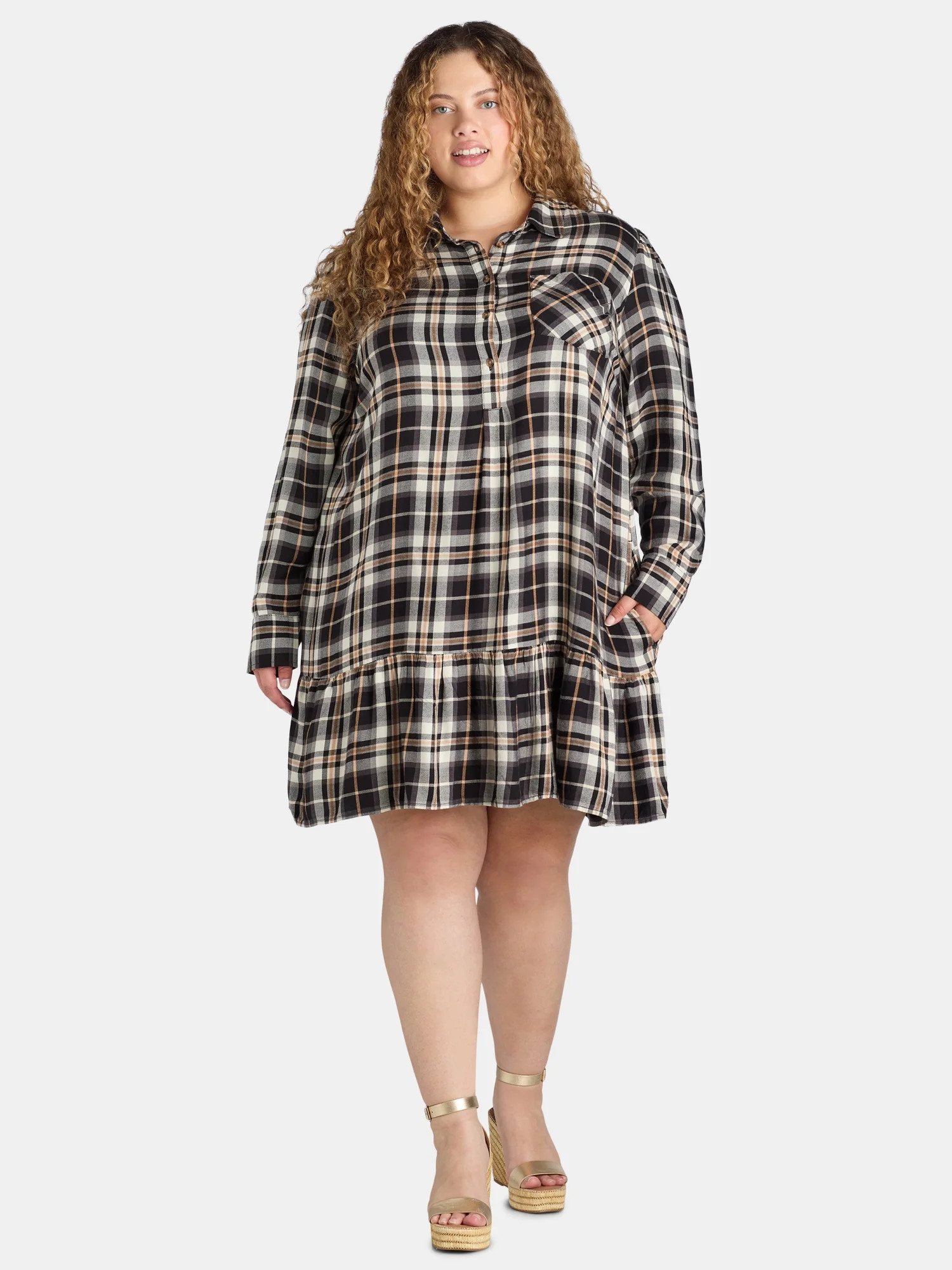 Time and Tru Women's and Women's Plus Ruffle Hem Mini Shirt Dress with Long Sleeves, Sizes XS-4X | Walmart (US)