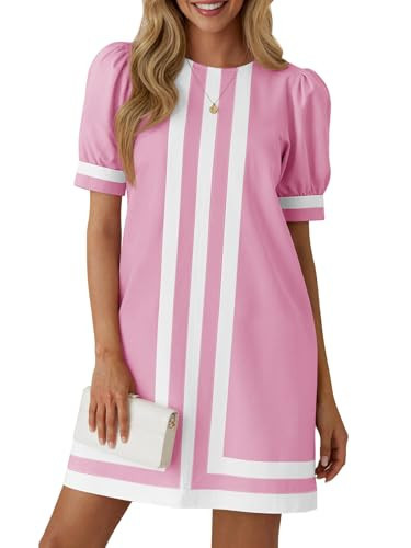 Wenrine Womens Puff Short Sleeve Mini Dress Summer Crewneck Striped Color Block Loose Casual Shift Dresses with Pockets Pink | Amazon (US)