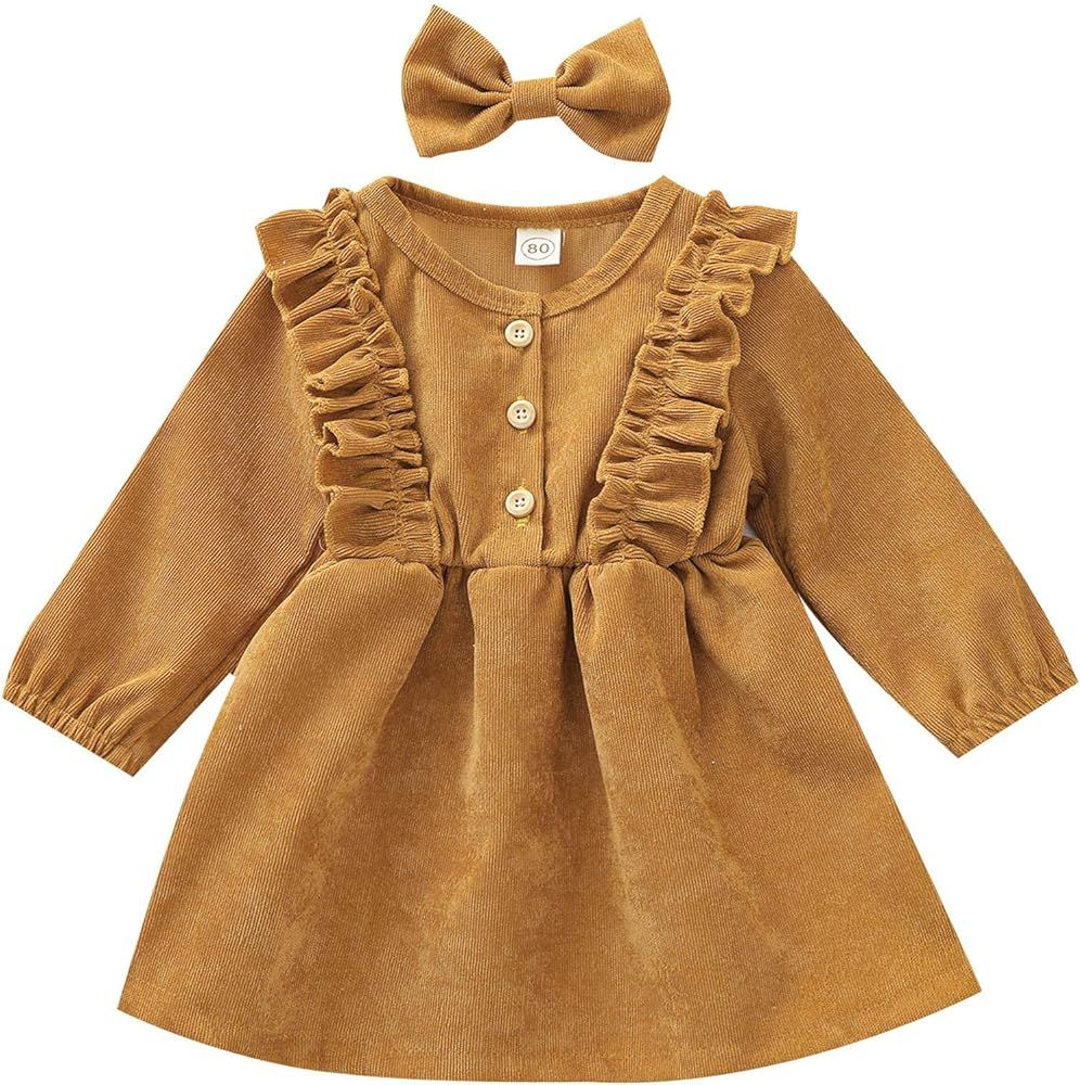 Karuedoo Kids Toddler Baby Girl Corduroy Ruffle Long Sleeve Dress Princess Party Dress with Headb... | Amazon (US)