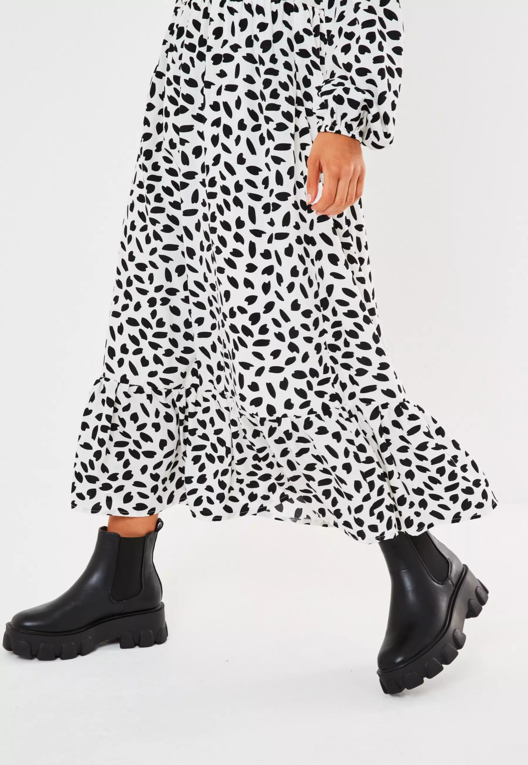 White Dalmatian Print Ruffle Hem Midi Smock Dress | Missguided (US & CA)