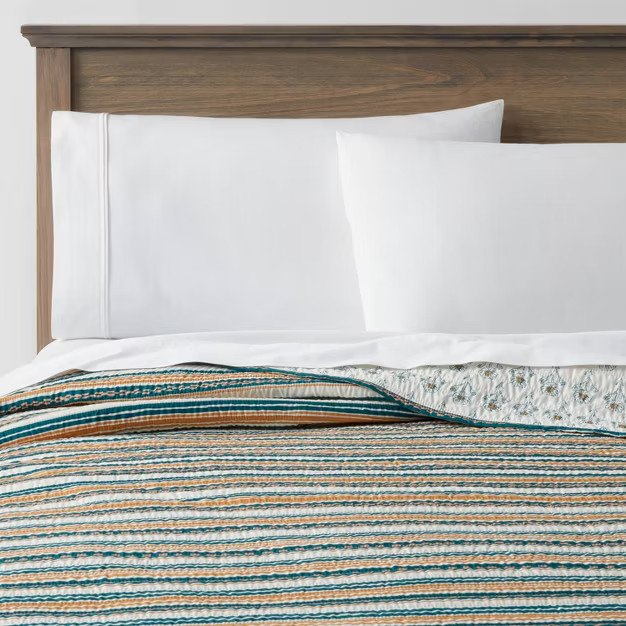 Boho Stripe Printed Quilt Dark Teal Blue/Dark Gold - Threshold™ | Target