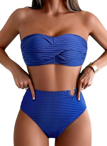 Pink Queen Women Tummy Control High Waisted Bikinis Sets Twist Front Spaghetti Straps Two Piece Swimsuit Dark Blue L | Amazon (US)