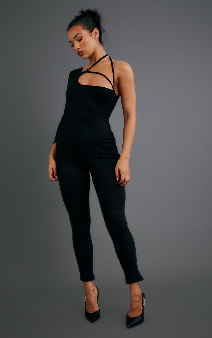 Black Strap Detail One Shoulder Rib Jumpsuit | PrettyLittleThing UK