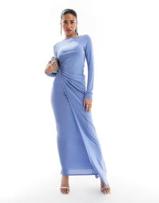 ASOS DESIGN long sleeve drape detail maxi dress in dusty blue | ASOS (Global)